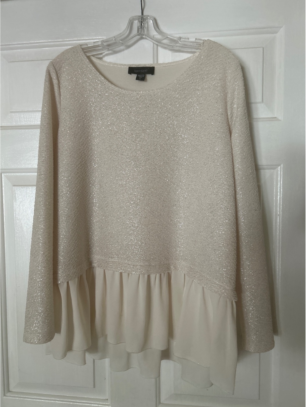 Karen Kane Women's Sparkle Knit Sweater with Chiffon Ruffle Hem, Size Large